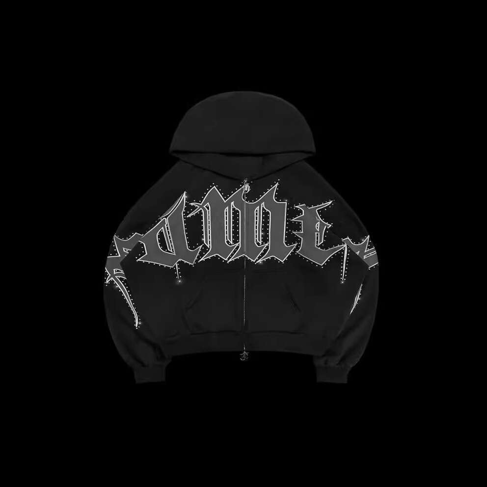 Spot cross-border autumn and winter American street letter inlaid diamond print loose casual hooded sweatshirt zipper sweatshirt wholesale