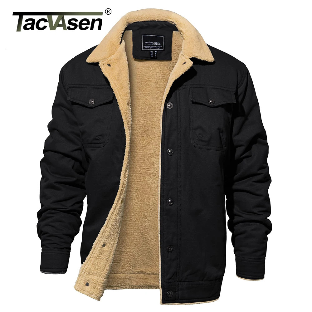 Tacasen Mens Winter Sherpa Wool Lined Jacket Flip Collar Work Cargo Truck Driver Jacket Multi Pocket Soft Warm Jacket 241007