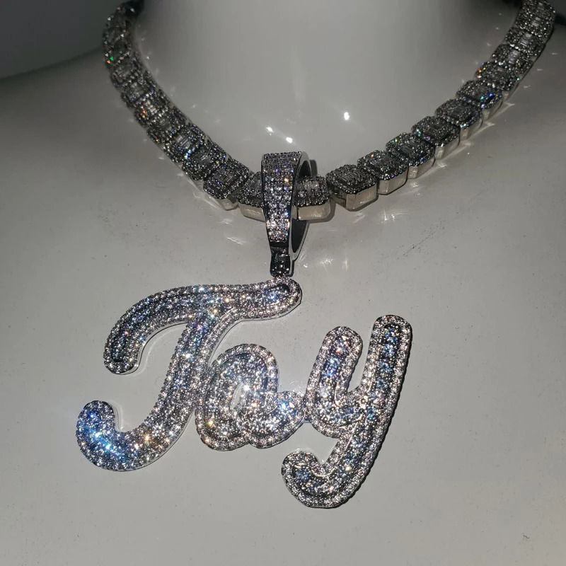 Grandbling Brush Cursive Letter Customized Name Necklace With Baguettes Chain With CZ Personalized Hip HOP Jewelry 241019