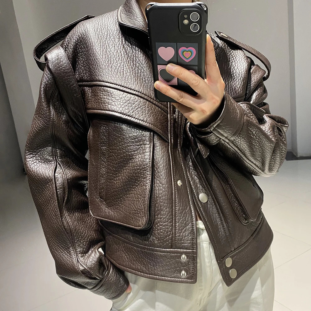 YOLOAgain Womens High Quality Genuine Leather Jacket Extra Large Dark Brown Grain Leather Jacket 241019