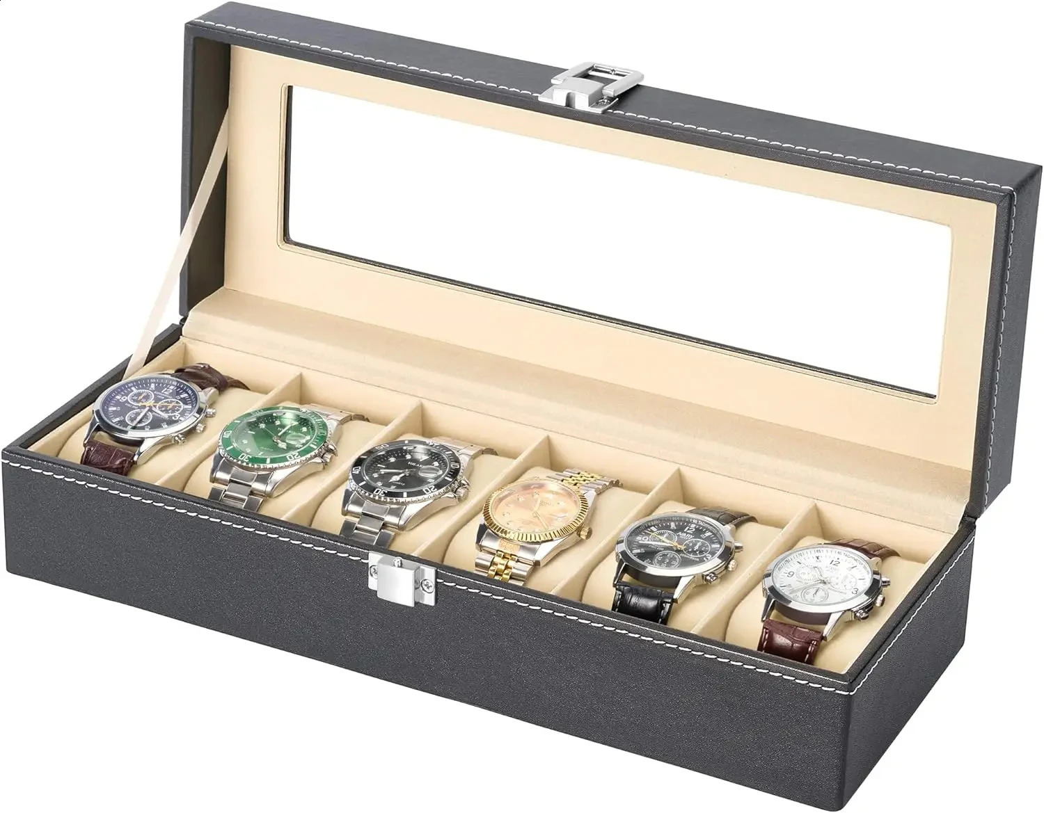 6 Slot PU Leather Watch Box Display Case Jewelry Organizer with Glass Top 241024