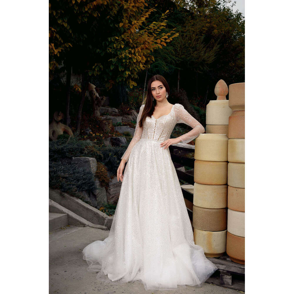 Wedding Dress A-E V-Neck Crystal Sequins Backless Long Sleeve Or-Length Princess Bride Vestido De Noiva Custom Made 0227Lz