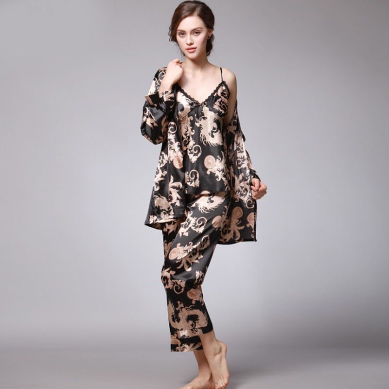 2025 New designer women s silk satin Pamas set piece fashion silk Pj set pajama Cami pajama with robe and pants