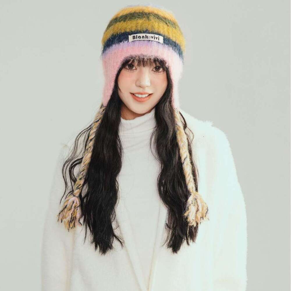 Beanie Striped design knit hat for winter outdoor warm Rainbow Christmas gift to girls knitted hat bonnet
