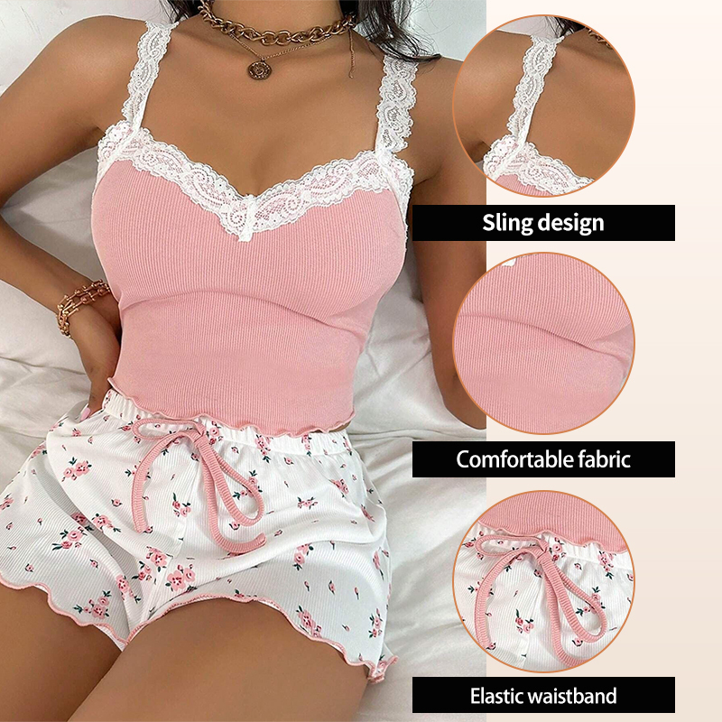 2025 New designer women s two piece summer ribbed knit low print lace trimmed vest and bow shorts sexy trend Pama set