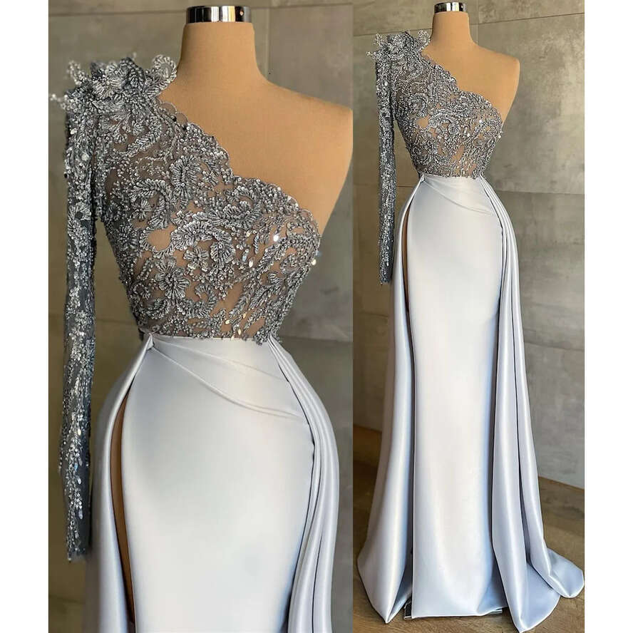 Plus Arabic Aso Size Ebi Urious Lace Beaded Prom Dresses Sheath Satin Sexy Evening Formal Party Second Reception Birthday Engagement Gowns Dress ZJ