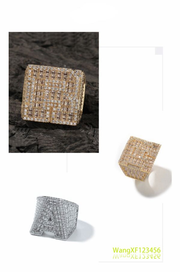 Hip Hop Custom 925 Sterling Silver Cz Moissanite Rings Jewelry Iced Out 18K Gold Plated A-Z Letter Ring For Men
