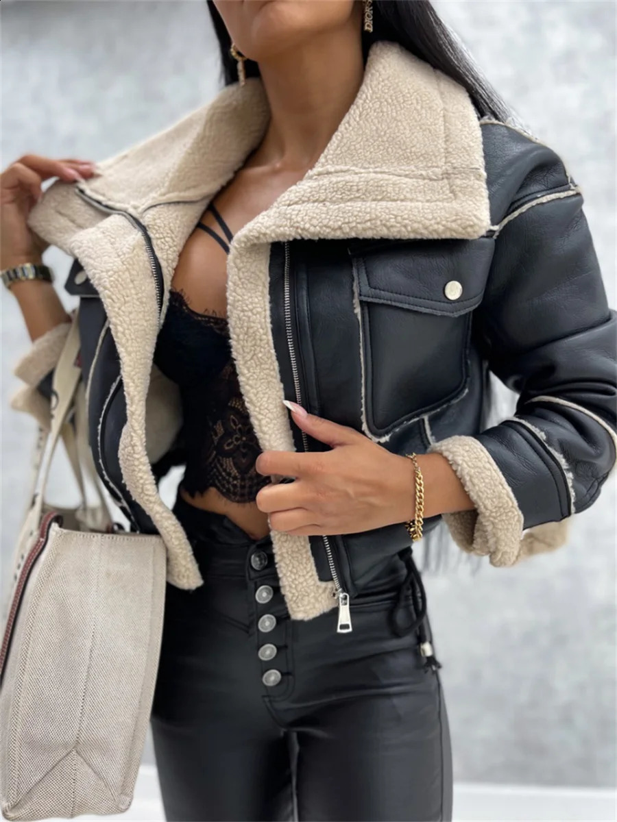 WSEVYPO wool patch work suede winter warm jacket womens casual long sleeved lapel collar zipper jacket street party jacket 241007