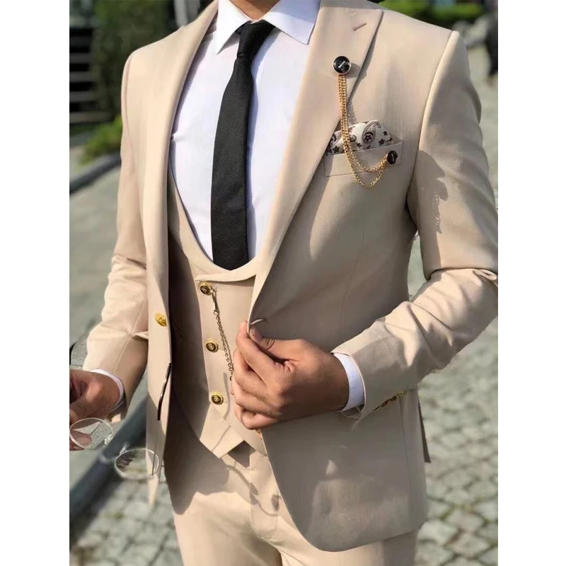 Italian Style Men's Suits Peak Lapel Custom Slim Fit 3 Piece Wedding Groom Tuxedo Business Fashoin Suit (Jacket+Pant+Vest)