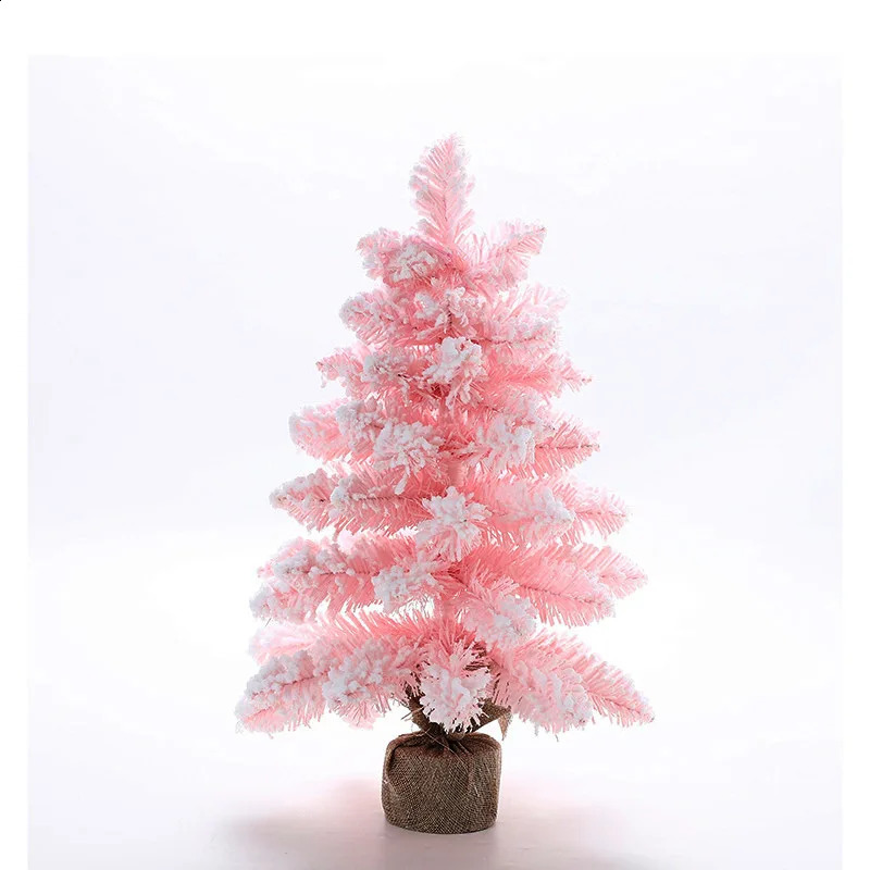 Artificial Christmas Tree 60CM Pink Desktop Flocking Christmas Tree with Lights Christmas Decoration Window Decoration Gift 241021