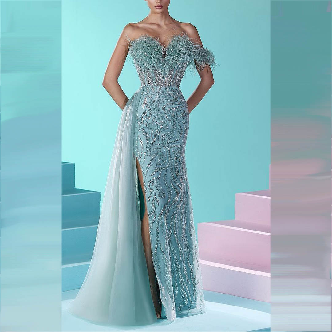 Elegant Feather Evening Sequins Off Shoulder Prom Gowns With Detachable Mermaid Side Split Custom Made Sweep Train Party Dresses Vestidos De Noche 022