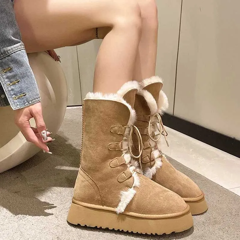 Platform Womens 2023 Winter Short Plush Warm Snow High Top Lace Up Ladies Mid-Calf Boots Fashion Casual Flats Shoes Xw6.5