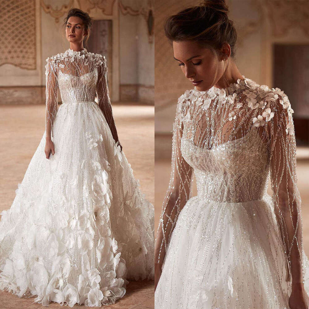 Ful Wedding Dress A-E High Collar Appliques Sequined Beading Long Sleeve Or Length Bride Vestido De Noiva Custom Made 6660311