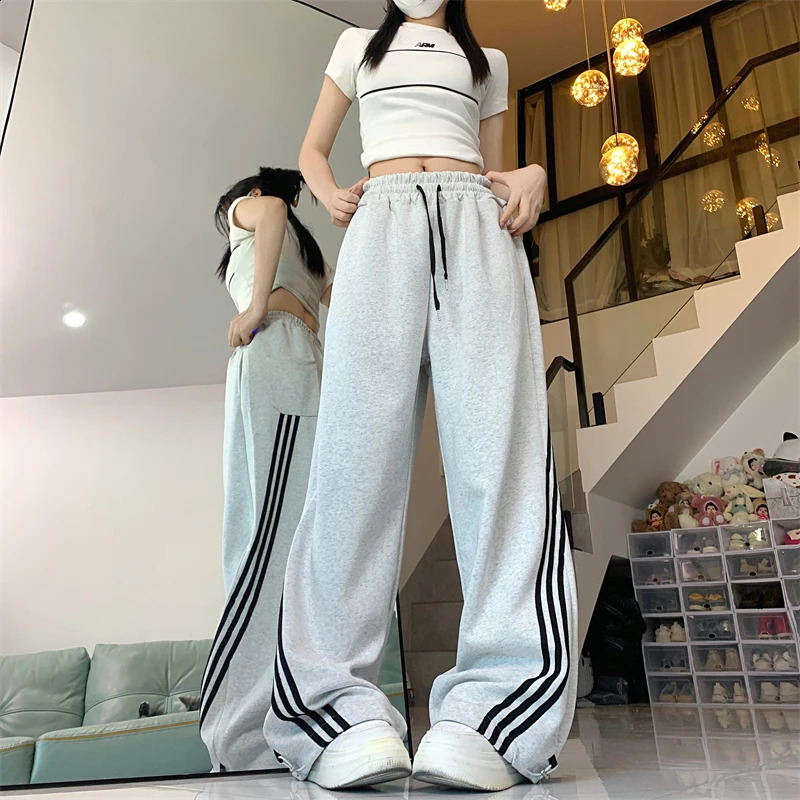Black Striped Sweatpants Women Preppy Style High Waist Loose Casual Trousers Korean Chic Gray Lace Up Streetwear Wide Leg Pants Z260314