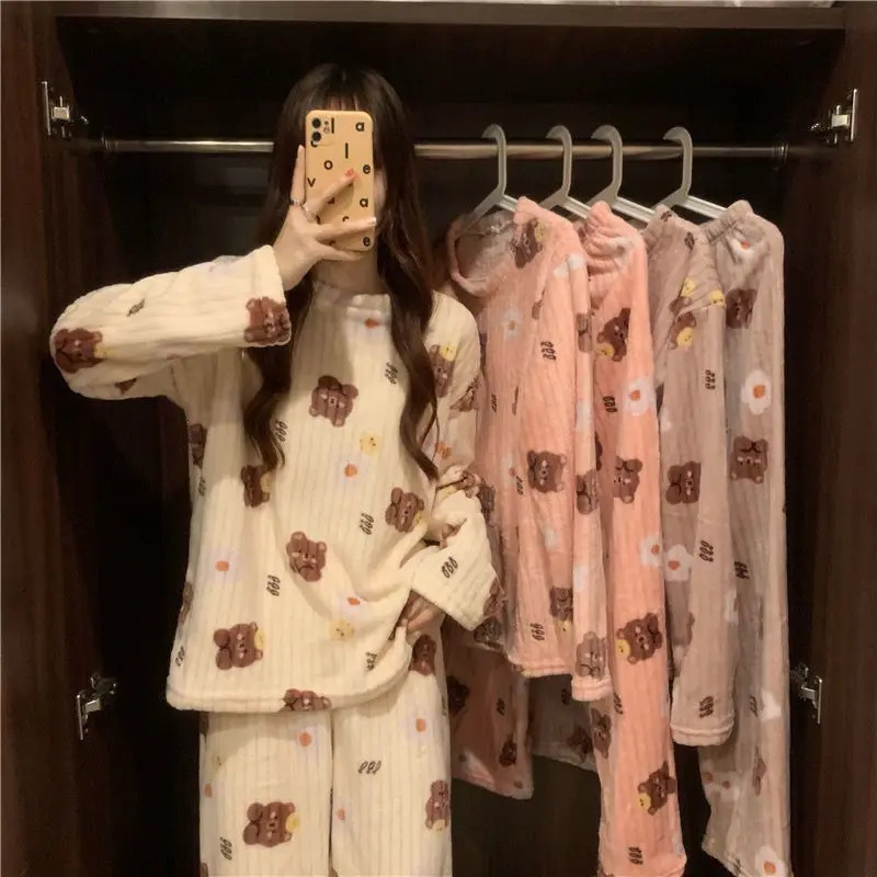trend 2025 New Designer Top and Pants V shaped Set Thickened Warm Wool Cartoon Printed Cute Pama Set Women s Autumn Winter