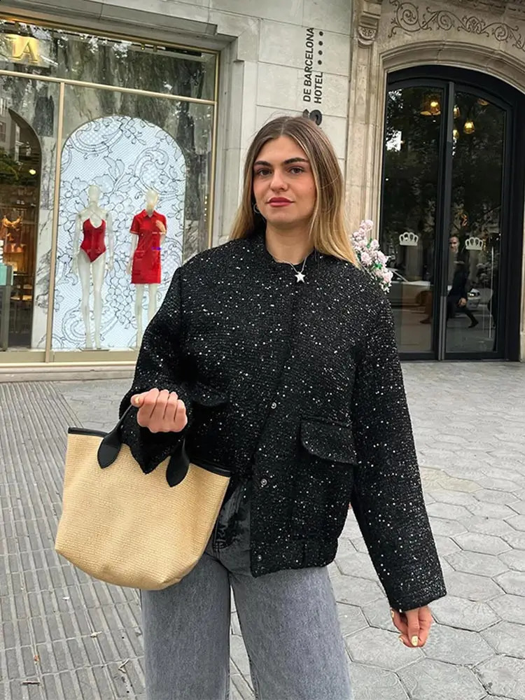 Womens retro gold glitter shiny pocket stand up collar jacket fashionable single breasted crop oversized jacket womens Y2k jacket 241019