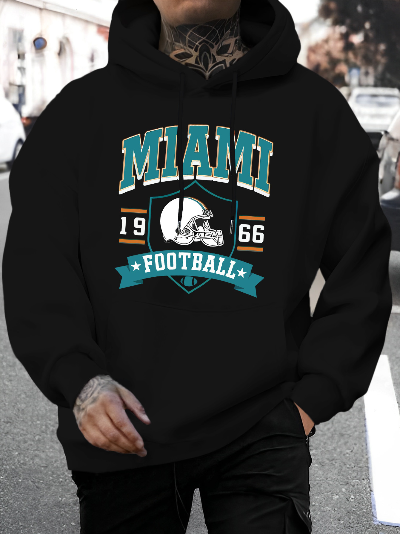 Men's Miami Letter Print Casual Hoodie - Fashionable Drawstring Pullover with Kangaroo Pocket, Comfortable Long Sleeve Hooded Sweatshirt for Fall