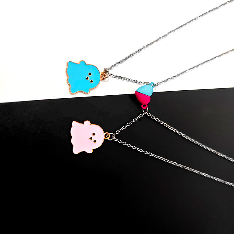 Black and white Ghost cartoon necklace Halloween Gift Jewelry Magnetic magnet pendant personality couple stainless steel necklace