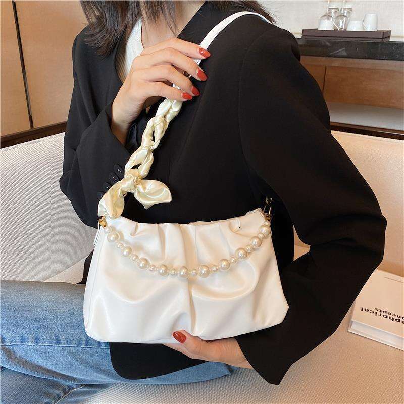 Pleated Crossbody Shoulder Bag Fashion Cloud PU Leather Small Handbags Purse Women Pearl Design Underarm Bags