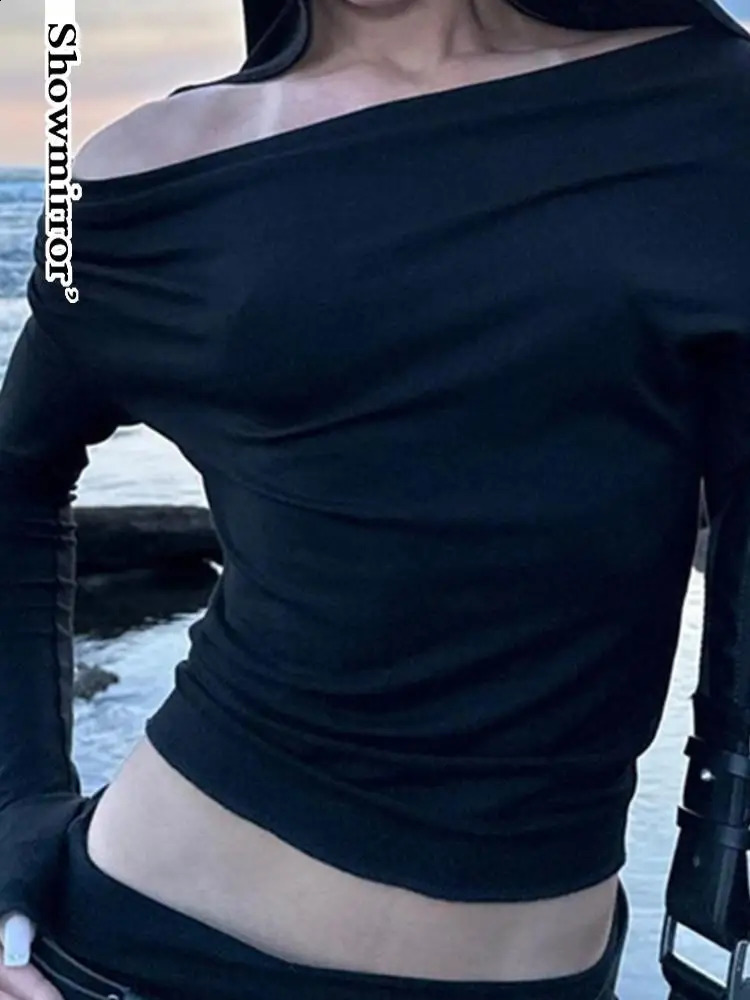 Hooded Crop Top - Elastic Long Sleeve Tee For Women, Casual Black T-Shirt Collar Hoodies Pullover