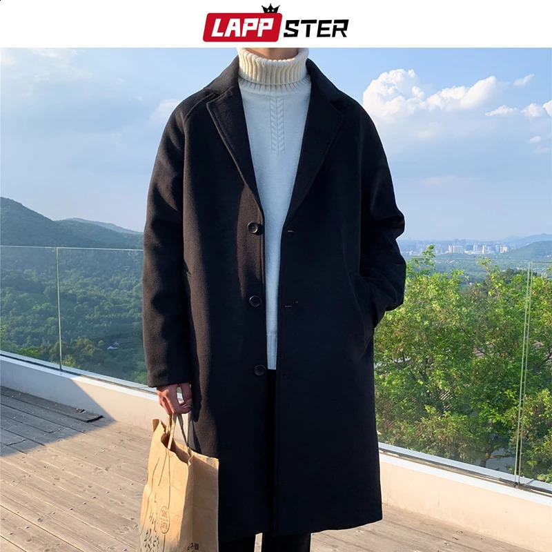 LAPPSTER mens Korean fashion winter jacket wool coat mens oversized Harajuku coat mens Japanese streetwear jacket 241021
