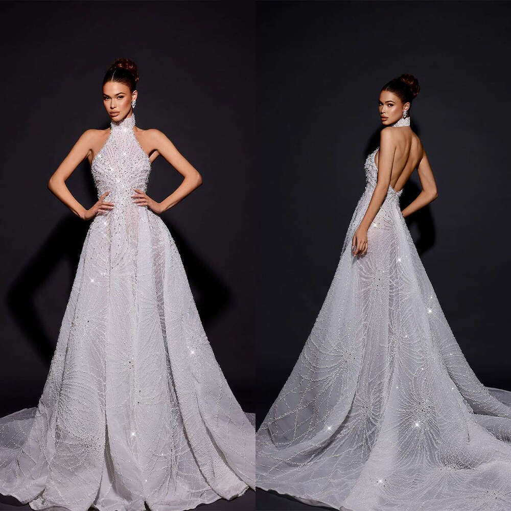 Ful Wedding Dress A-E Halter Sequined Beading Sleeveless Or-Length Princess Bride Vestido De Noiva Custom Made 0228Lz