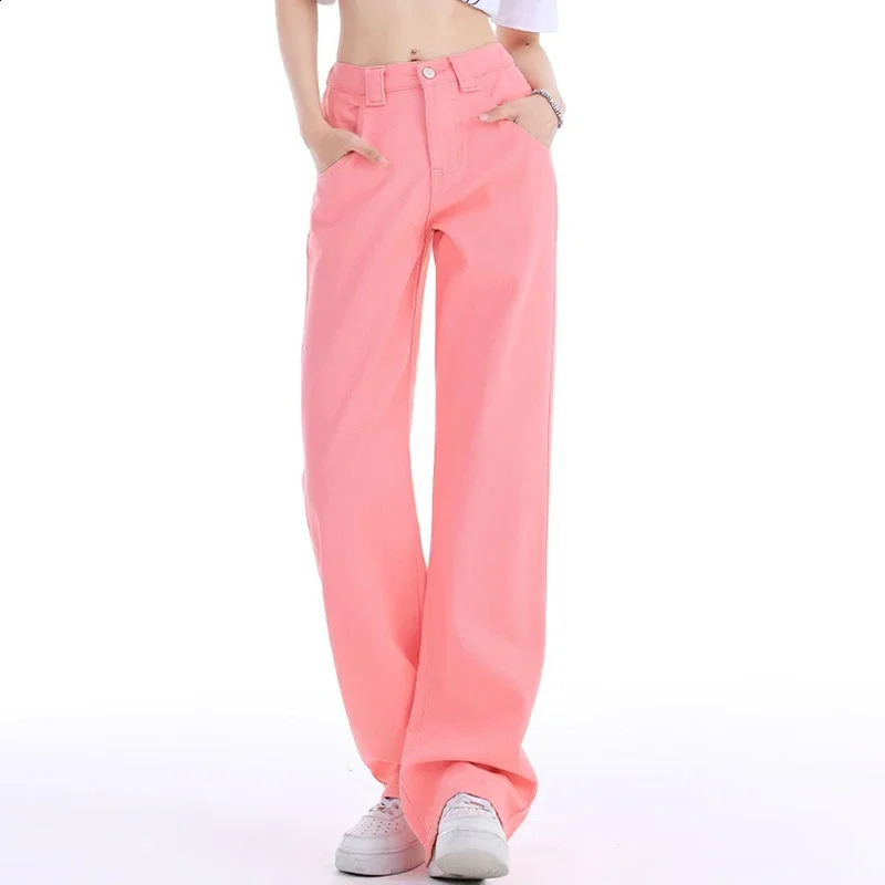 Womens high waisted wide leg jeans womens fashionable pants womens Y2k Harajuku blue card color black pink wine red rose red jeans denim 241021