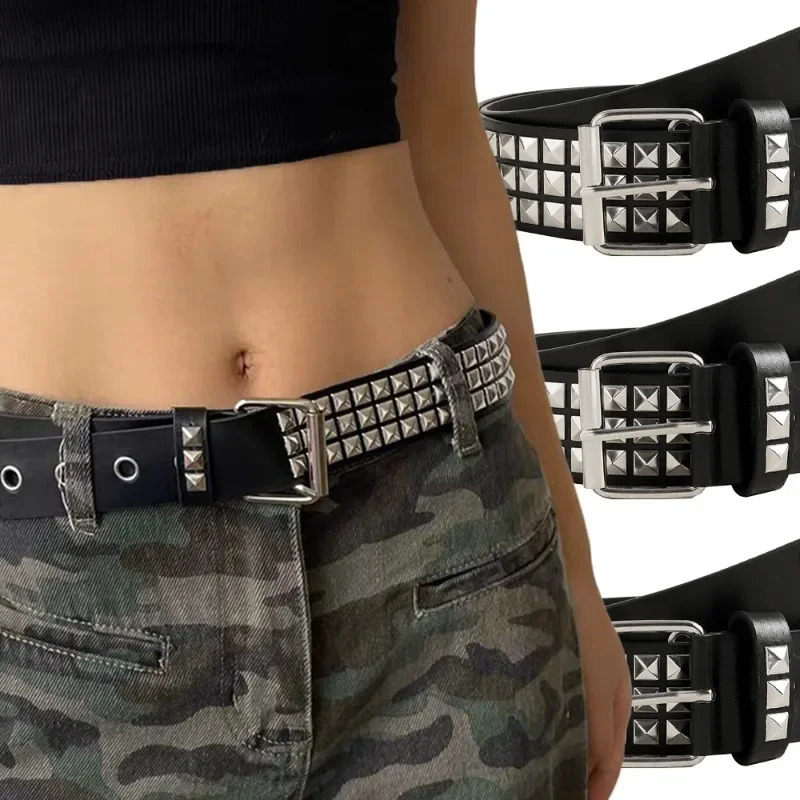 Punk Rivet Belt Metal Square Bead Women Men Bright Rock Studded Jeans Alloy Buckle Y2K Wide-brimmed Leather Waistband Belt 241024