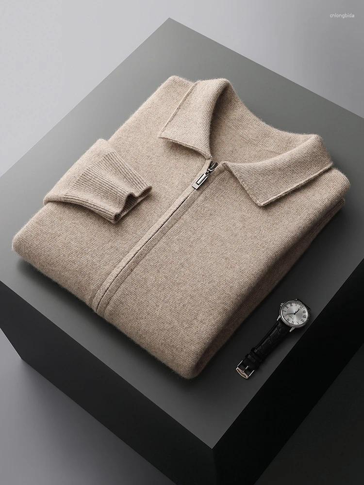 Men's Sweaters Luxury Autumn Winter Men Cashmere Sweater Thick Warm Zipper Cardigan Merino Wool Knitwear Polo Collar Top Smart Casual Coat