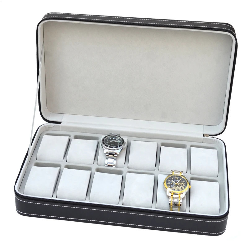 24681012 Slot Watch Box Portable Travel Zipper PU Leather Storage Case Watch Display Box for Business Trips and Gifts 241024