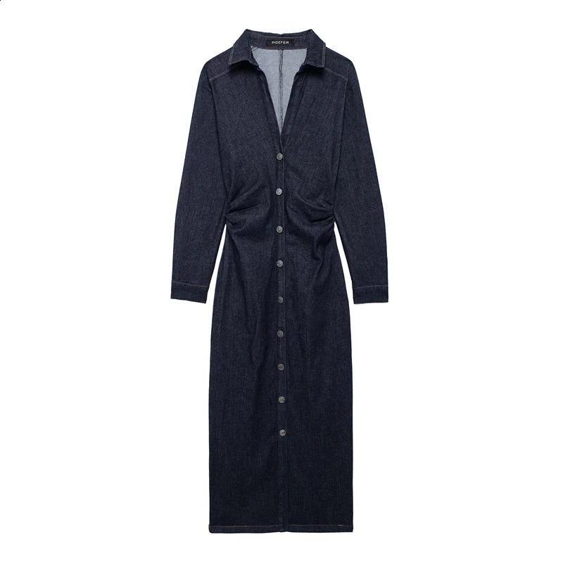 Womens denim dress retro denim long skirt long sleeved pleated waist tight fitting clothing fashionable and casual 241019