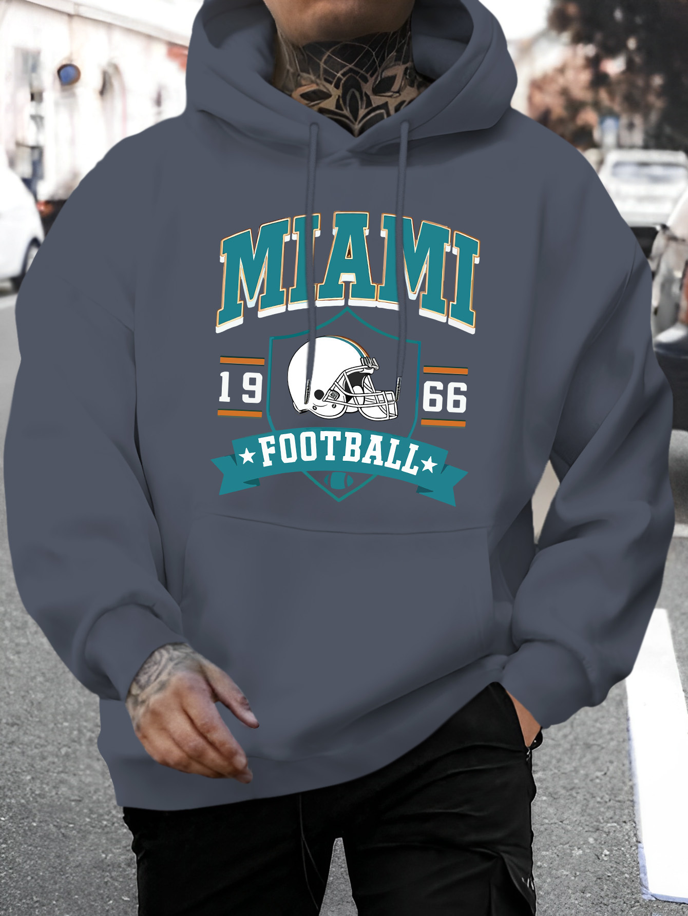 Men's Miami Letter Print Casual Hoodie - Fashionable Drawstring Pullover with Kangaroo Pocket, Comfortable Long Sleeve Hooded Sweatshirt for Fall