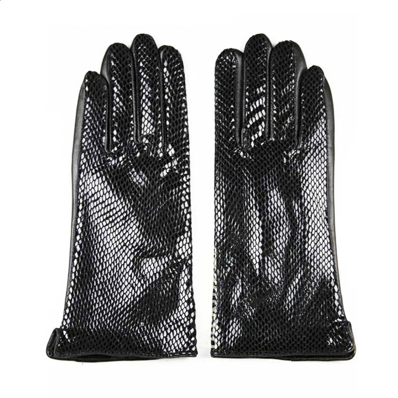 Snake Print Leather Sheepskin Gloves Womens Fashion High Gloss Velvet Lining Autumn and Winter Warm Driving Gloves 241024