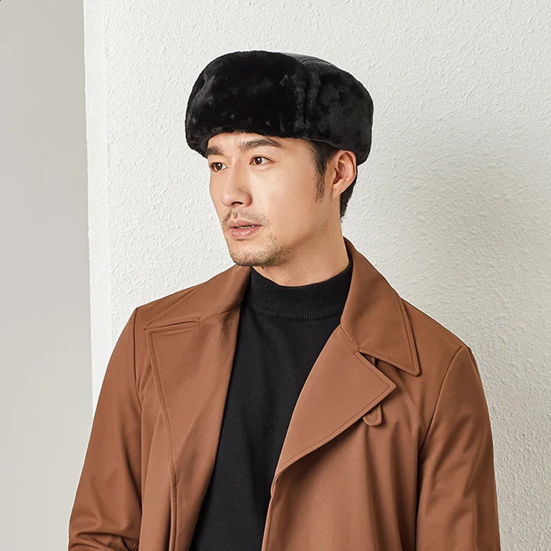 Winter Lei Feng Hats Man Genuine Leather Cap Male Warm Faux Fur Inside Big Earflap Middle-Aged Elderly Father Gorras Ear Cap 241024