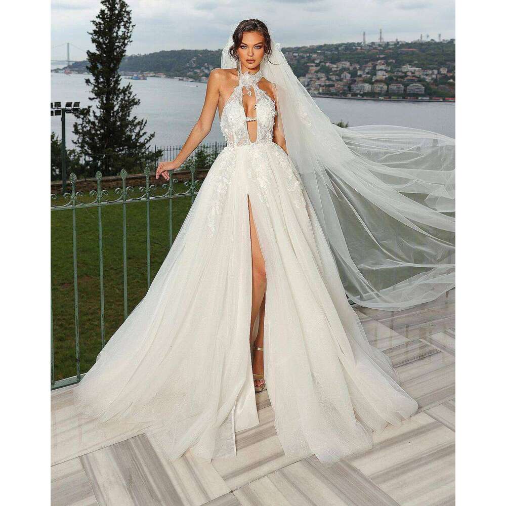 Elegant Wedding Dress A-E Halter Appliques Lace High Split Cut-Out Sleeveless Or Length Bride Vestido De Noiva Custom Made 0228Lz