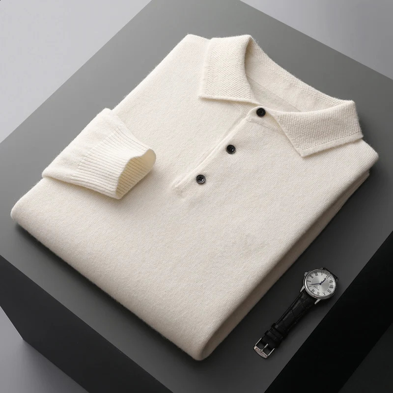 100% merino wool mens lapel pullover long sleeve POLO neck sweater loose top business casual knit bottoming shirt 241021