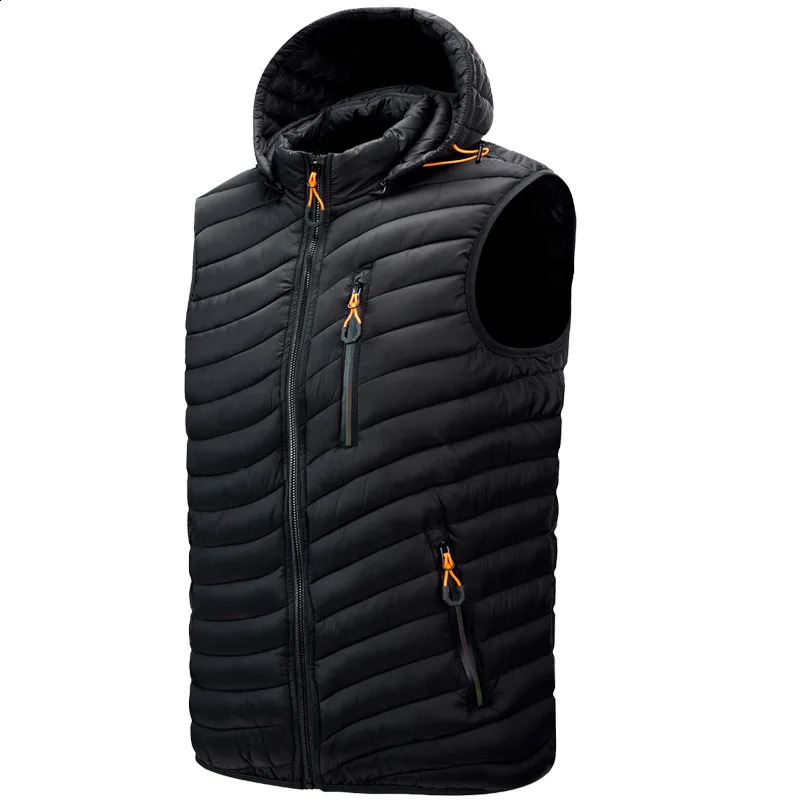 Men Sleeveless Cotton Vests Solid Hooded Vest Jackets Fashion Male Winter Casual Pockets Zipper Waistcoat Windproof Jacket 241021