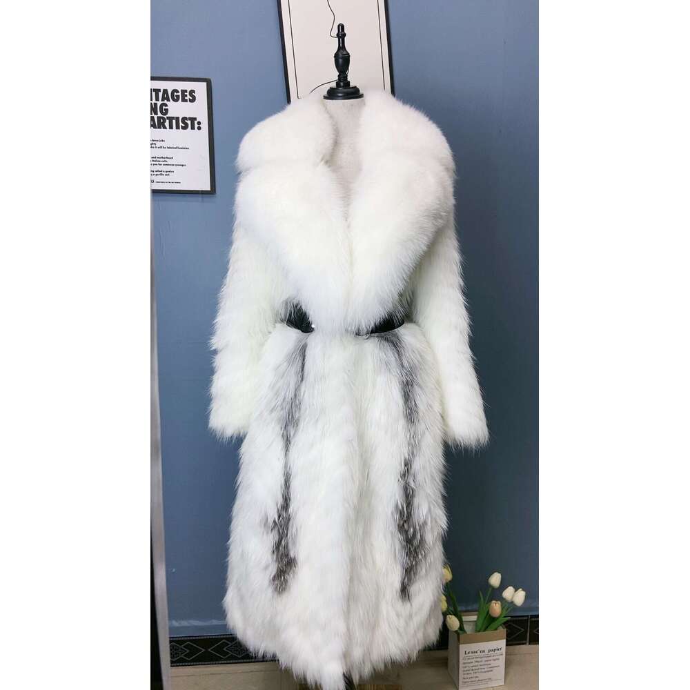 ANNSIRGRA 100% Genuine Fox Fur Jacket x-long Real Fox Fur Coat with Large Turn-down Fox Fur Collar Warm Stylish Fashion Overcoat