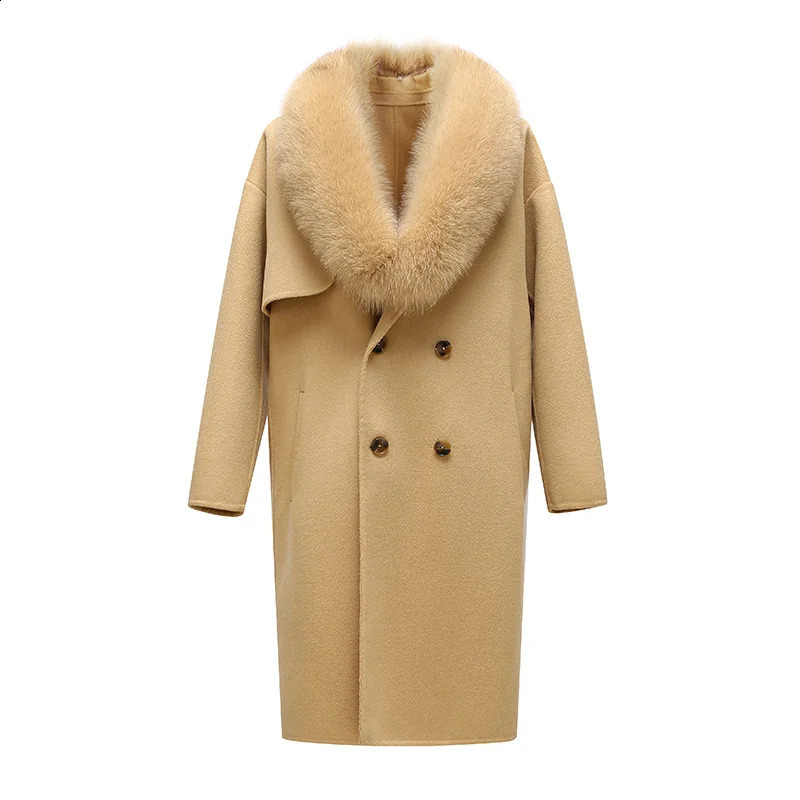 mens real wool coat with detachable big real fox fur collar warm coat for winter and autumn fluffy natural fur QN5123 241021