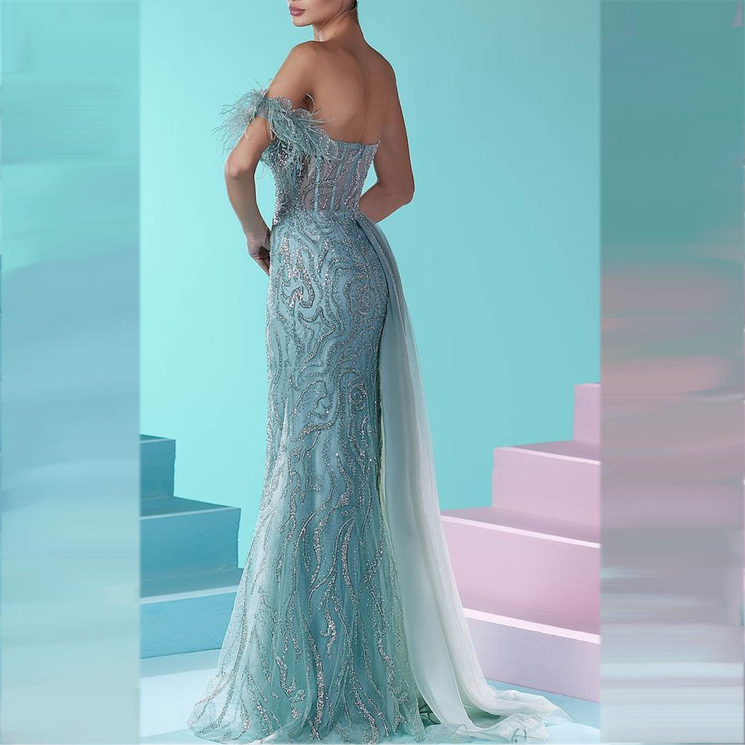Elegant Feather Evening Sequins Off Shoulder Prom Gowns With Detachable Mermaid Side Split Custom Made Sweep Train Party Dresses Vestidos De Noche 022