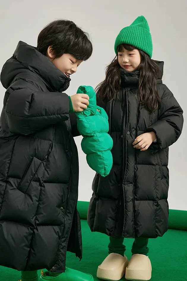 Girls Boys Long Down Padded Jacket Hooded Medium Children Korean Version Foreign Style Solid Color Casual Padded Jacket BabyXJ241021