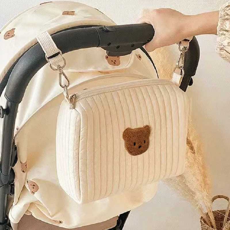 Stroller hanging bag ins wind embroidery bear zipper storage bag mommy go out diaper bag mother and baby bagC250326