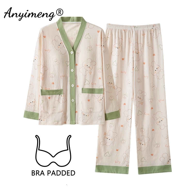 2025 New Autumn Winter Pamas with Bra Pads Long Sleeves Homewear Cardigan Kimono fashion Pijamas Fashion Women Sleepwear