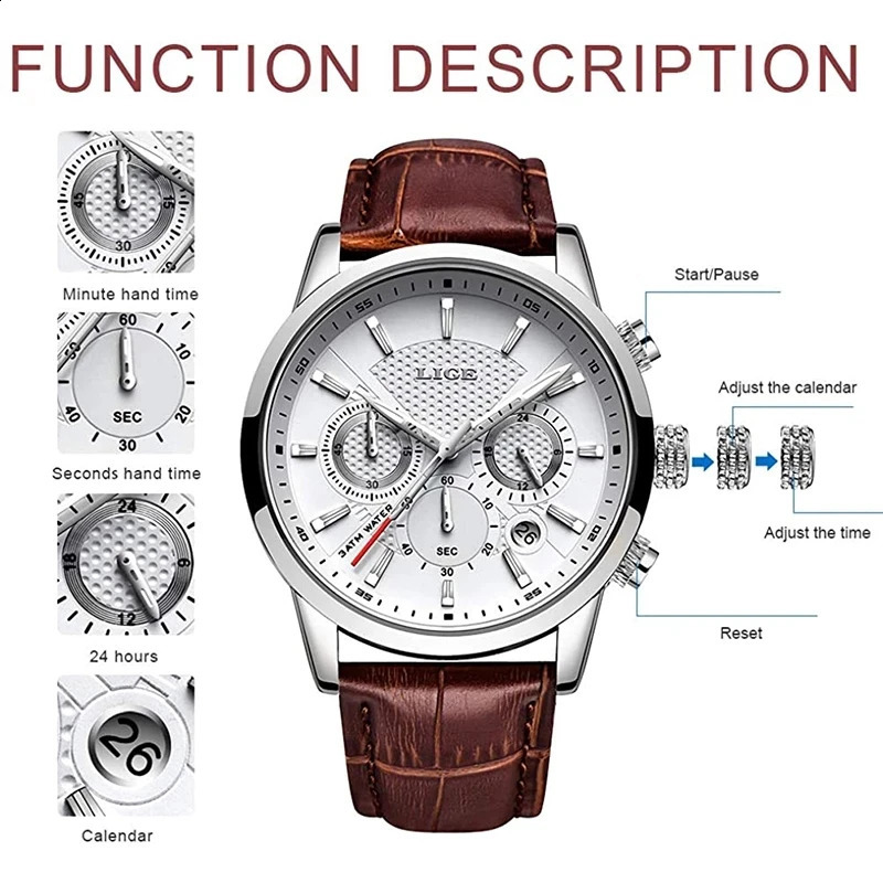 LIGE Mens Fashion Sports Quartz Watch Mens Watch Top Leather Military Waterproof Date Watch Relogio Masculino 241009