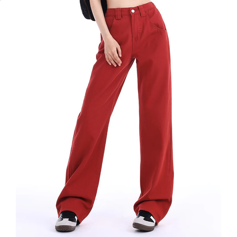 Womens high waisted wide leg jeans womens fashionable pants womens Y2k Harajuku blue card color black pink wine red rose red jeans denim 241021