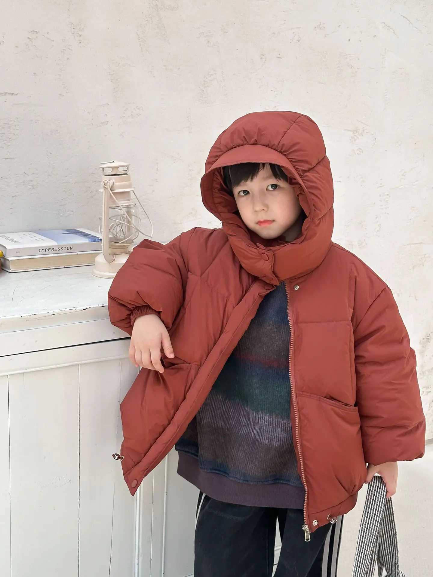 Boys Girls Down Jackets Winter White Duck Down Warm Solid Hooded Coat Children Zipper Casual Loose Puffer Outerwear 5-12YXJ241021