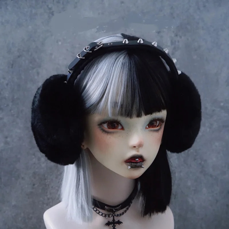 Harajuku Gothic Cross Metal Chain Plush Cat Ear Warm Earmuffs Winter Faux Fur Black Rivet Warmer Muffs Streetwear Ear Covers 241024