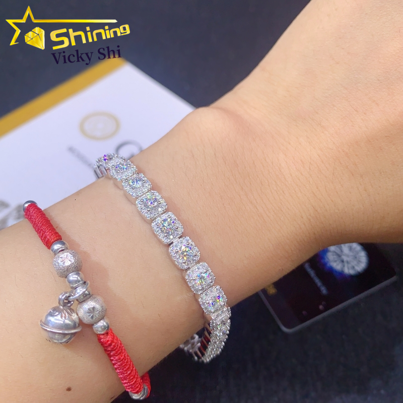New Trendy Hip Hop Tennis Bracelet 6mm 925 Silver Vvs Moissanite Cluster Tennis Bracelet Women Men Fine Jewelry