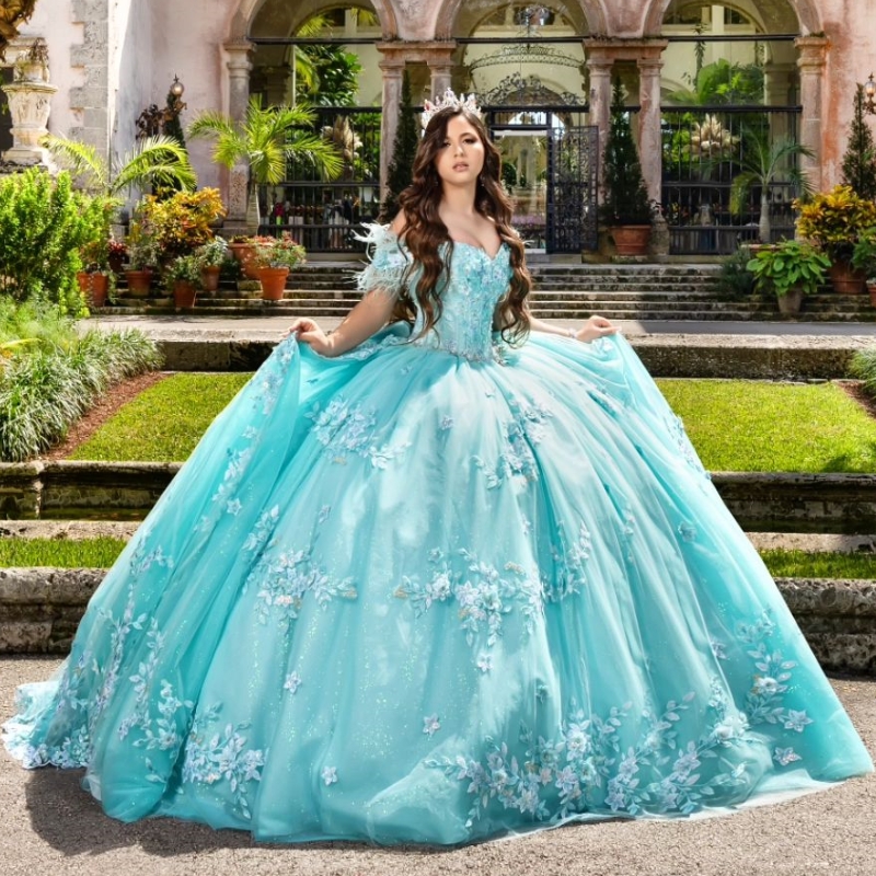 Water Blue Quinceanera Dresses Ball Gown Off The Shoulder Bow Beaded Applique Lace Birthday Party Vestidos De 15 Anos Sweet 16 Dress