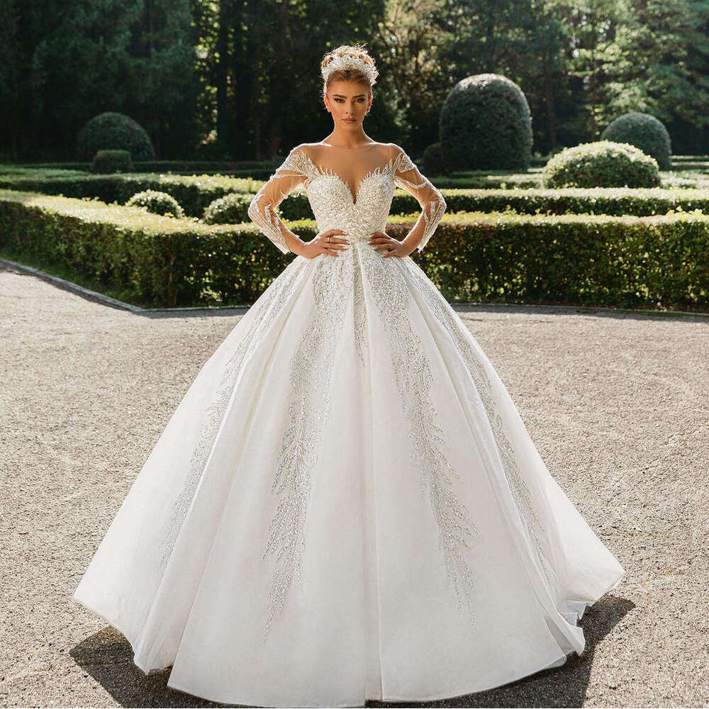 Gorgeous Wedding Dress Ball Gown O-Neck Beading Crystal Long Sleeve Or-Length Princess Bride Vestido De Noiva Custom Made 6660311